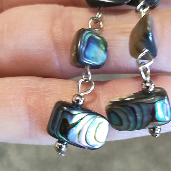 VINTAGE TRIPLE SQUARE RAINBOW ABALONE SHELL DANGLE DROP HOOK 2.5" EARRINGS - Picture 7 of 10